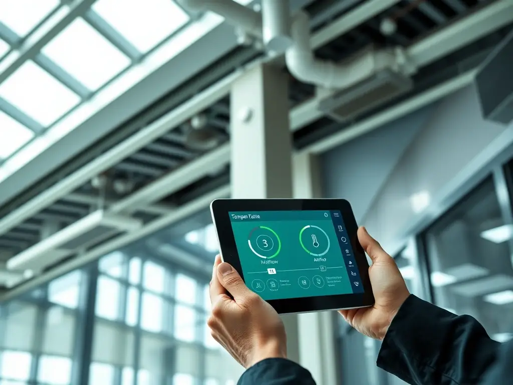 A modern office building with advanced HVAC system controls displayed on a tablet, showcasing real-time temperature and airflow adjustments.