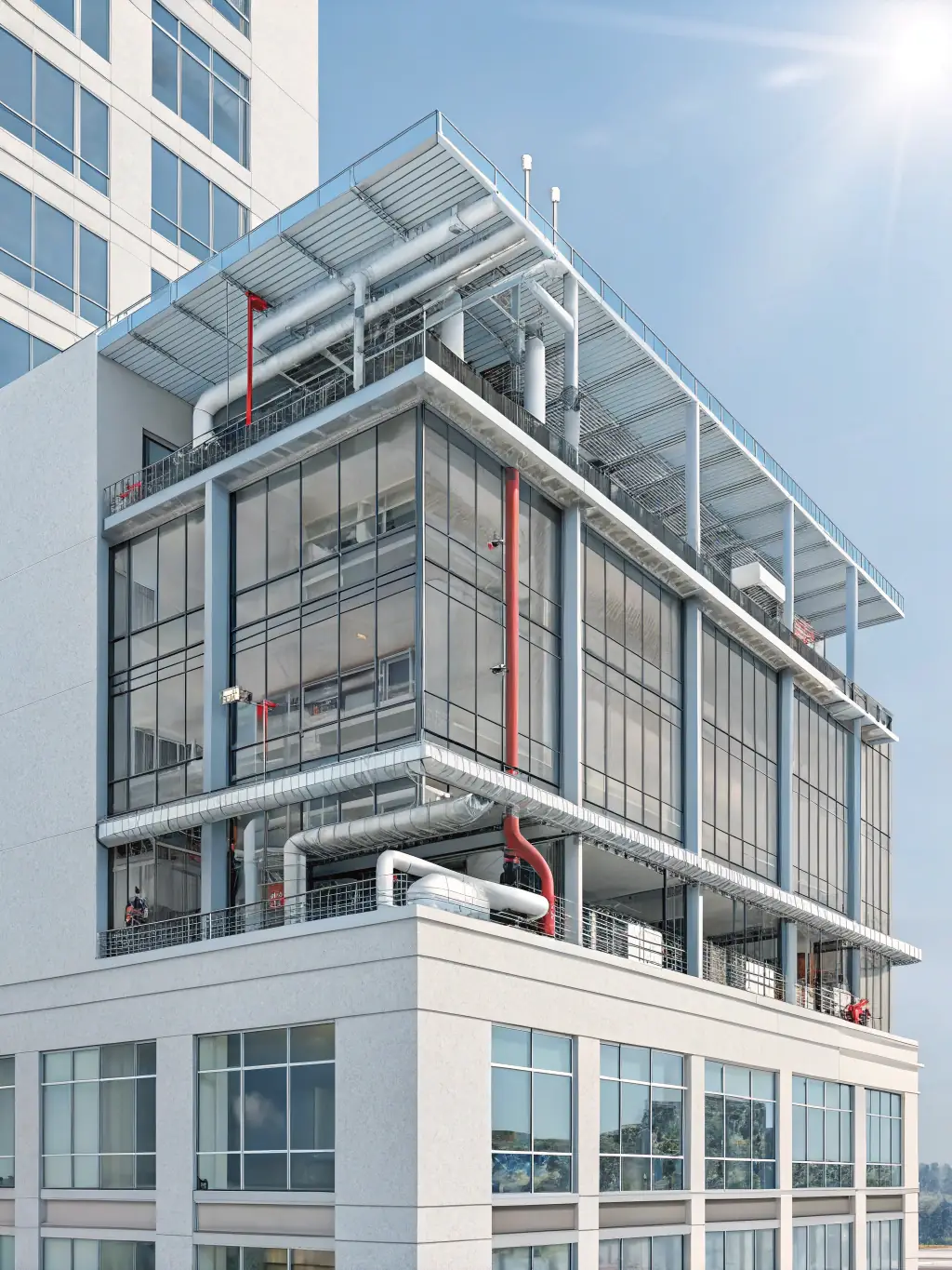 A detailed schematic of a building's HVAC system optimized by AI, illustrating GreenSmart Ltd.'s AI-driven orchestration.