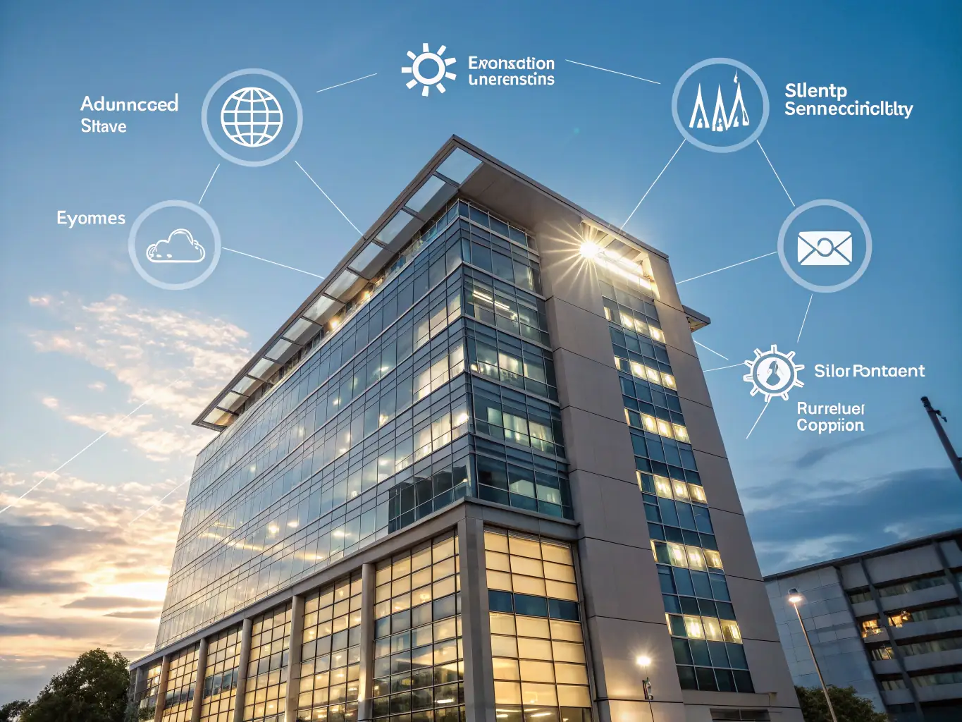 A modern office building facade at sunset, showcasing energy-efficient windows and smart lighting systems, symbolizing reduced energy consumption.