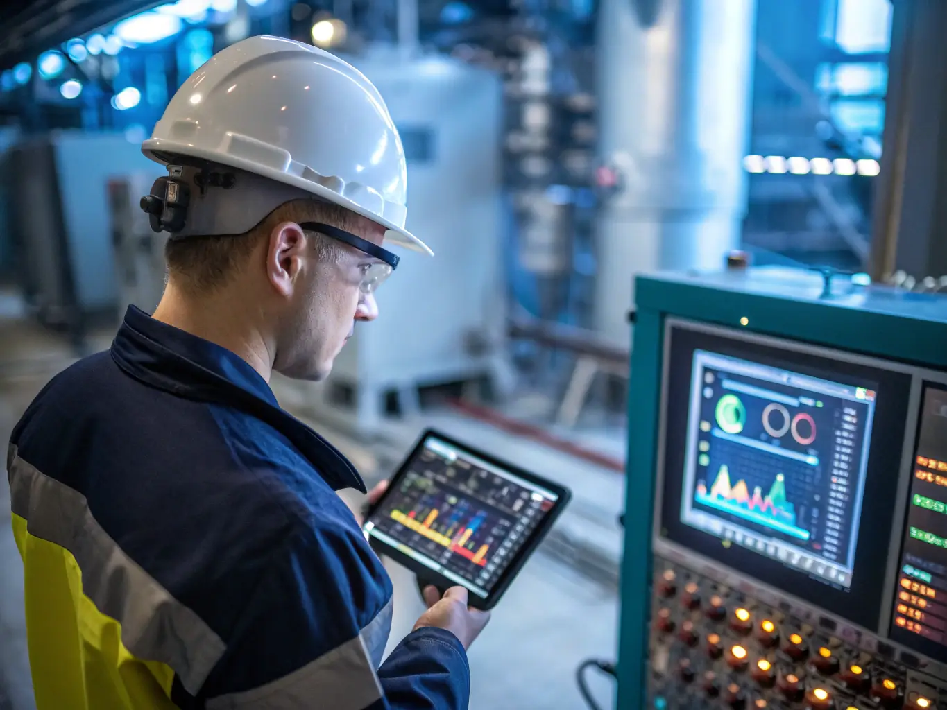 A technician using a tablet to monitor building systems, highlighting predictive maintenance and real-time analytics, showcasing GreenSmart Ltd.'s advanced technology.
