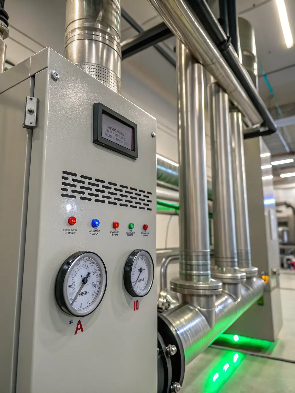 A high-tech rendering of a supercritical CO2 system efficiently managing heating and cooling within a building, showcasing the technology's environmental benefits and energy efficiency for GreenSmart.