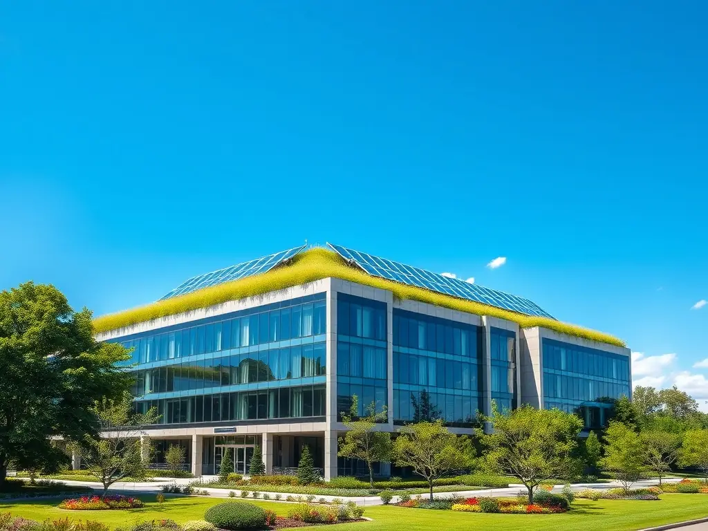 A modern office building with solar panels and smart glass, showcasing energy efficiency and sustainability.
