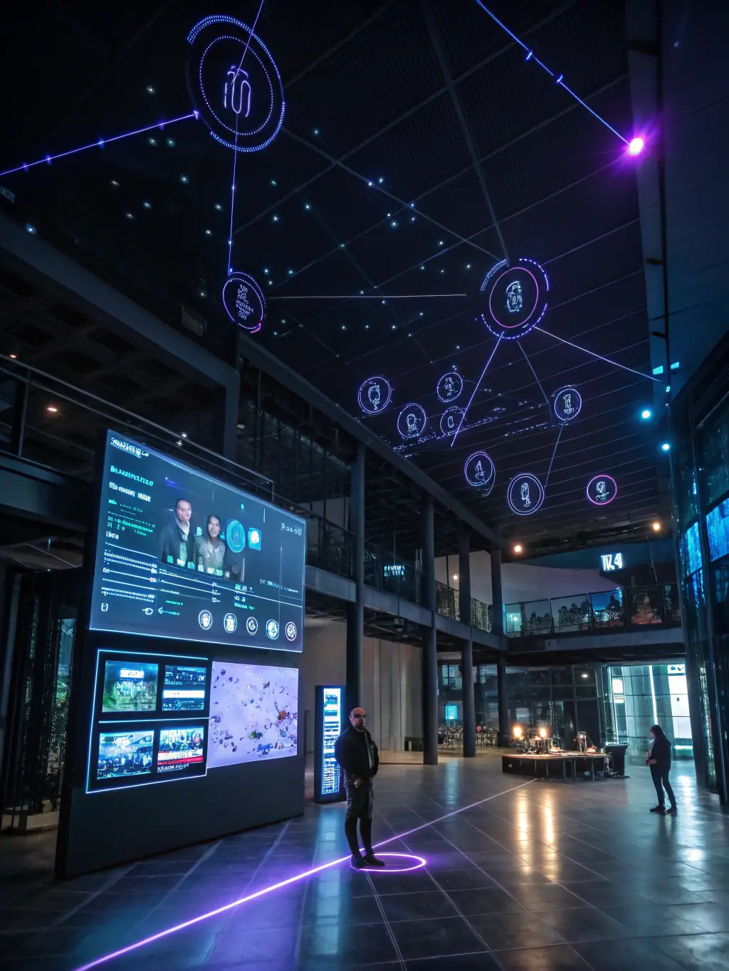 A detailed image of an AI neural network visually orchestrating various building systems like HVAC, lighting, and security, with data flowing seamlessly between them, representing AI-driven orchestration in GreenSmart's platform.