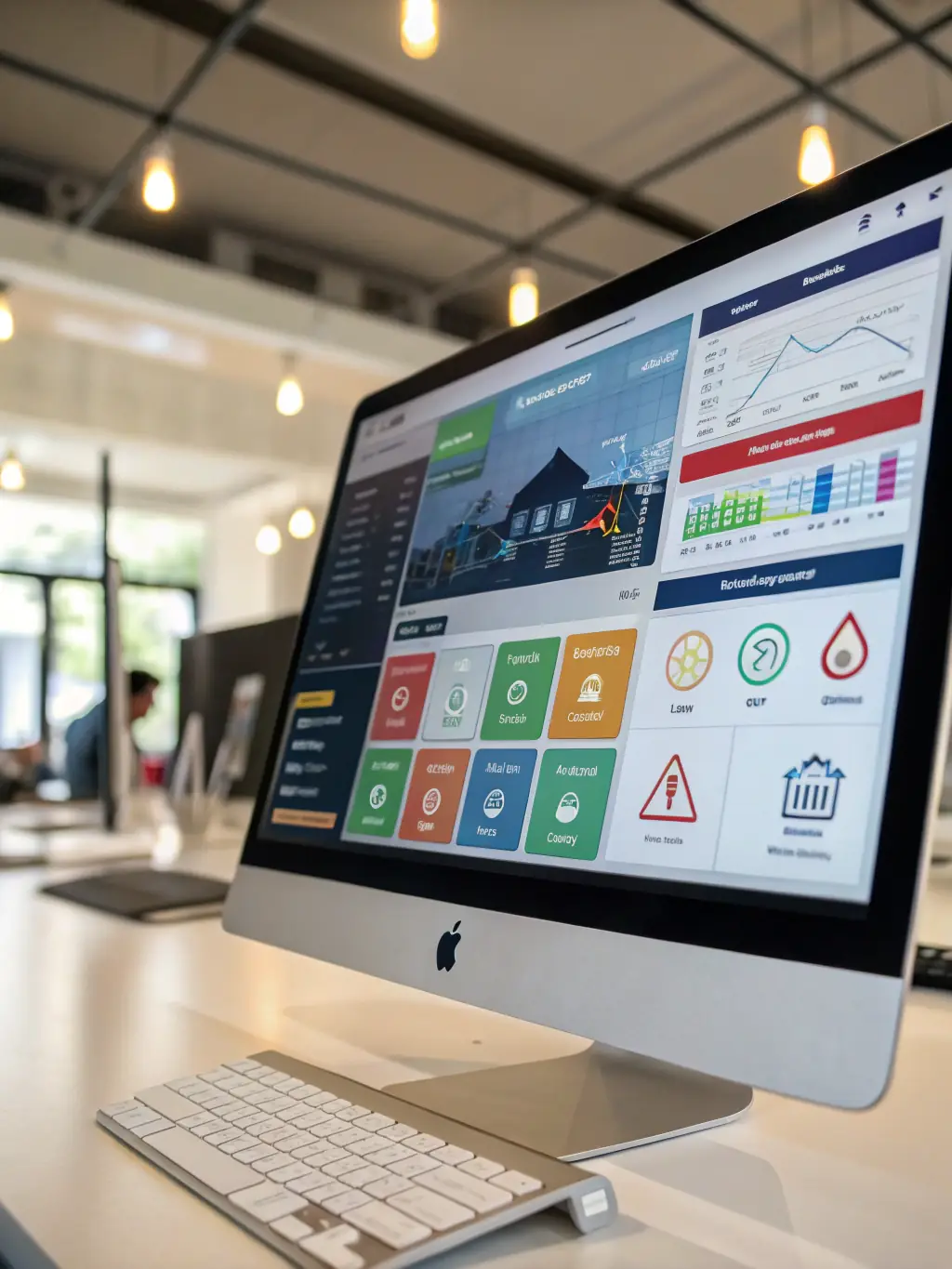 A futuristic depiction of a smart building's central control panel, displaying real-time data analytics and predictive maintenance alerts, emphasizing the comprehensive monitoring capabilities of GreenSmart's platform.