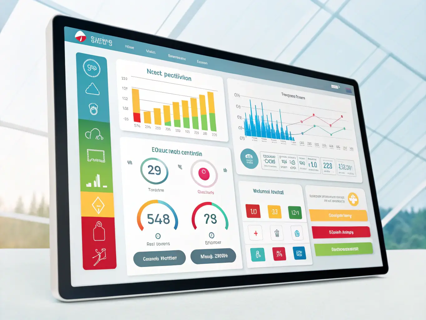 A dashboard displaying real-time building performance metrics, including energy consumption, occupancy levels, and system status, highlighting improved operational efficiency.