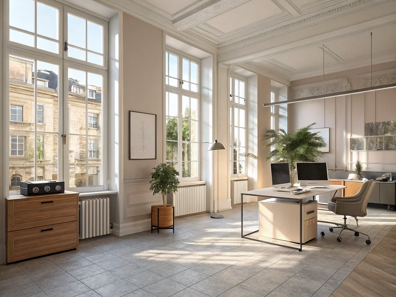 A well-lit office space with smart lighting controls, demonstrating energy-efficient lighting solutions and automated adjustments based on natural light.