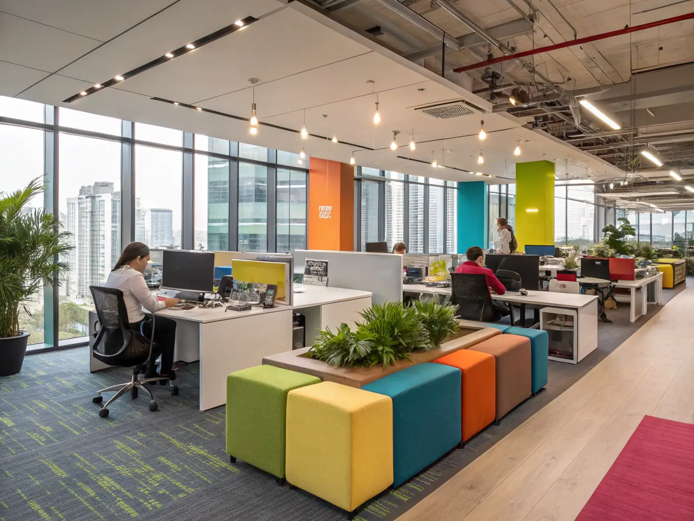 A diverse group of people working comfortably in a well-lit and ventilated office space, emphasizing improved occupant comfort and productivity, showcasing GreenSmart Ltd.'s focus on human-centric design.
