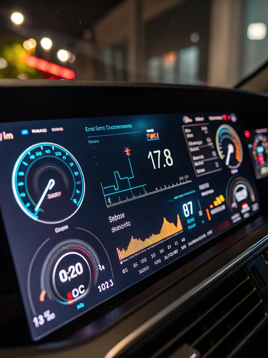 A detailed image of GreenSmart's AI dashboard, showcasing real-time energy consumption data and predictive maintenance alerts for a commercial building's HVAC system.