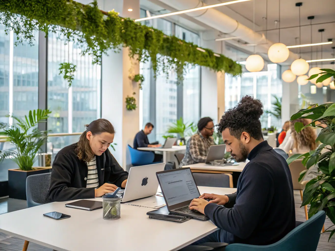 An interior shot of an office space with employees working comfortably, highlighting the optimal temperature and air quality maintained by the smart building system.